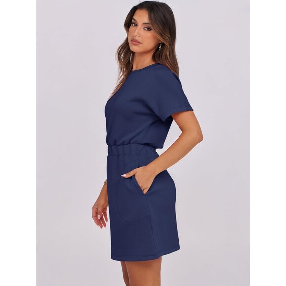 Anrabess Women Navy Blue Crew Neck Elastic Waist Mini T Shirt Dress With Pocket - Picture 4 of 6
